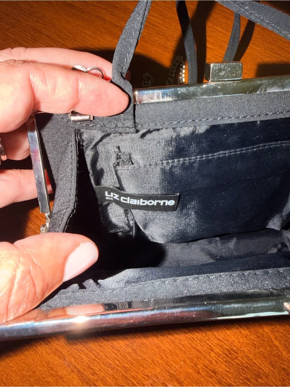 Liz Claiborne Black Frame-Top Clutch with Silver Hardware